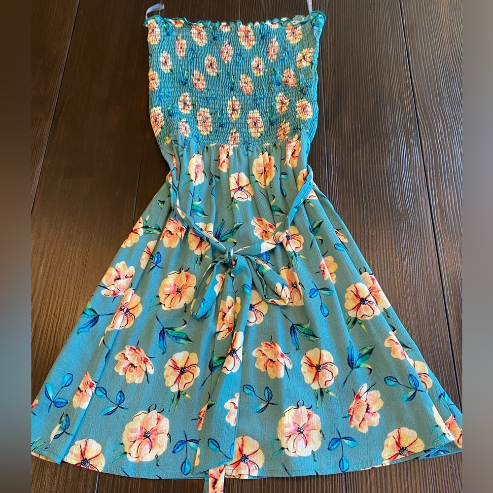 COPY - VEVERET Strapless Floral Dress, Women’s Small, Blue/Green with Yellow Fl…